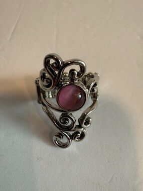 paparazzi Silver-Tone Scroll Ring with Pink Stone